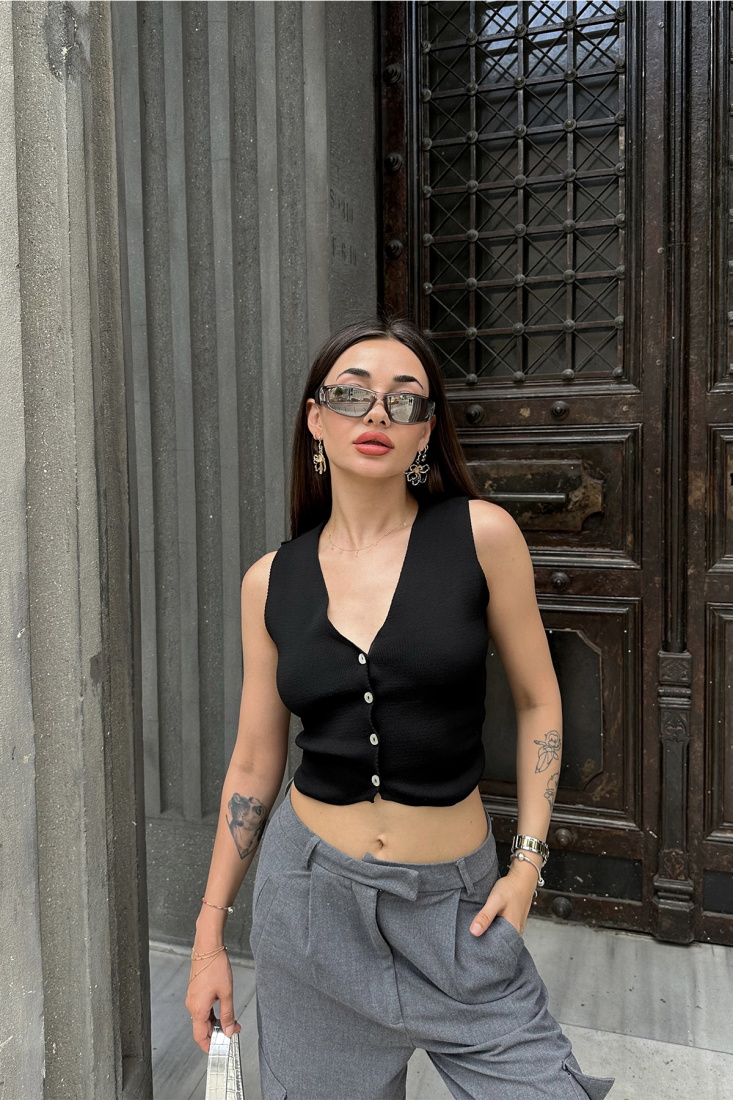 Siyah Düğme Detay Yelek ATE7425 - KENZA