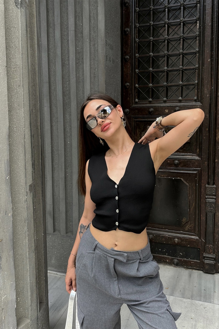 Siyah Düğme Detay Yelek ATE7425 - KENZA