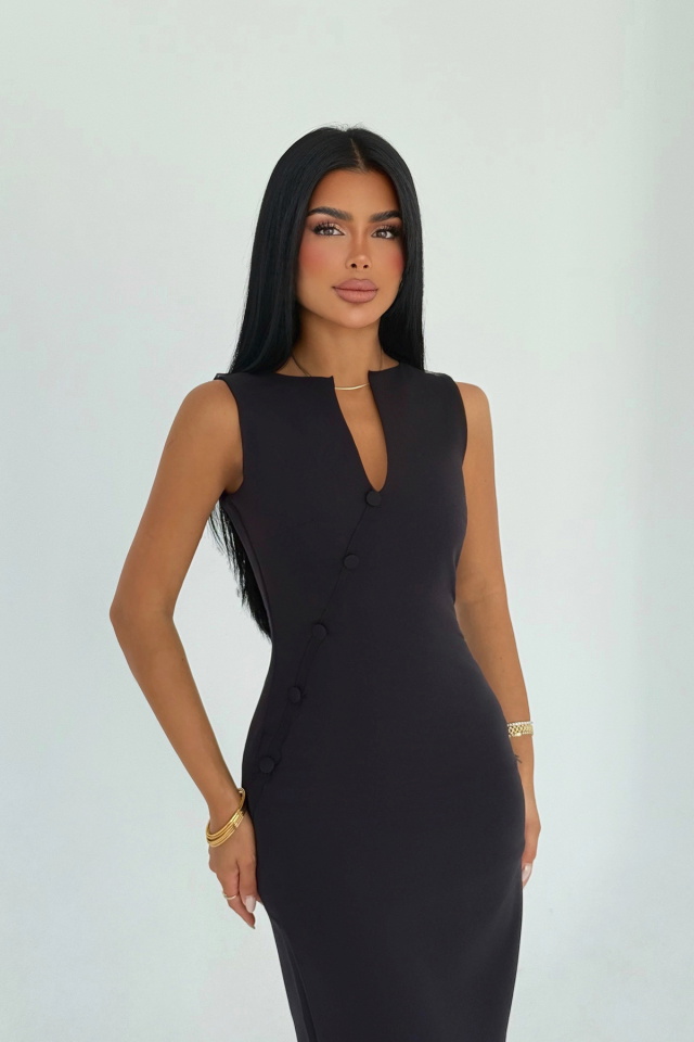Siyah Saddler Düğme Aksesuarlı Elbise ATE-3171 - 2