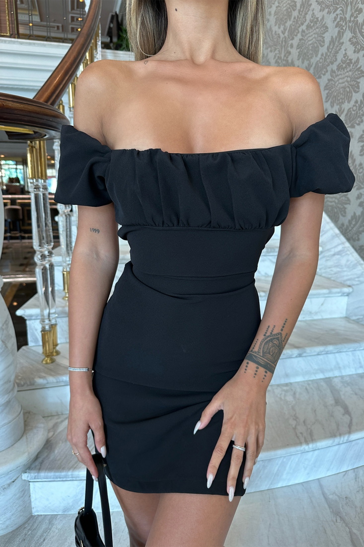 Siyah Düşük Kol Mini Elbise ATE7052 - EYYO