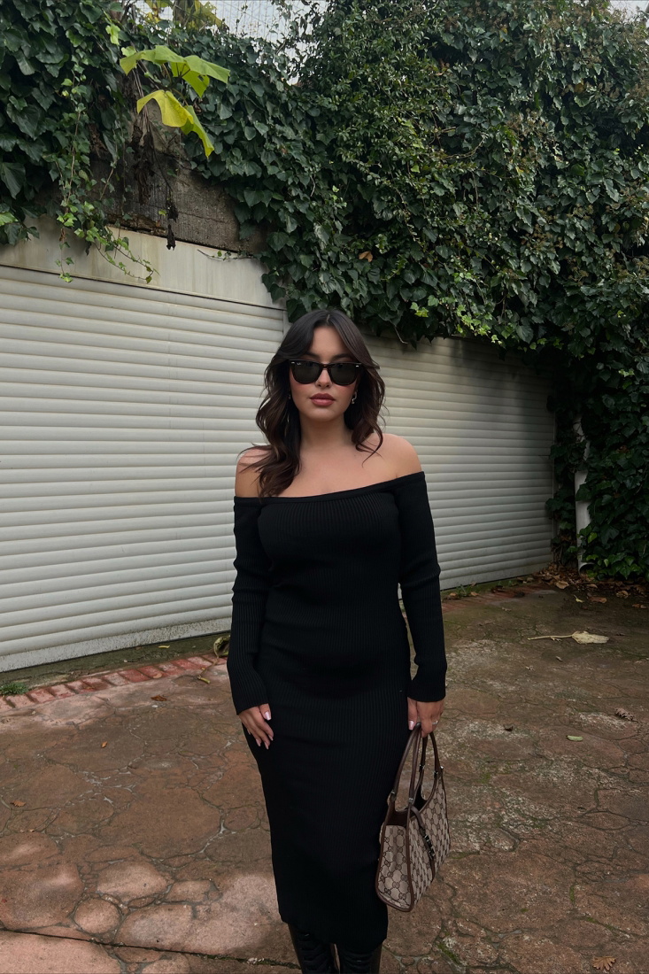 Siyah Düşük Kol Uzun Elbise ATE2636 - EYYO