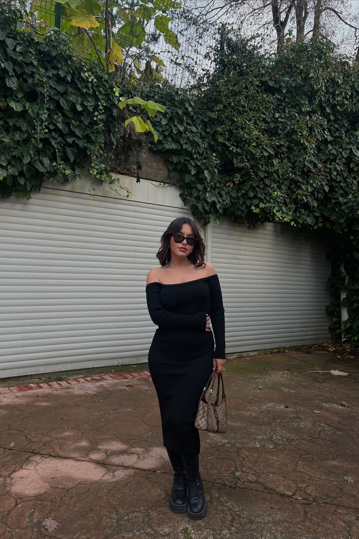 Siyah Düşük Kol Uzun Elbise ATE2636 - EYYO