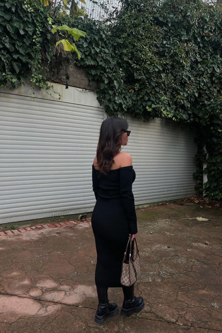 Siyah Düşük Kol Uzun Elbise ATE2636 - EYYO