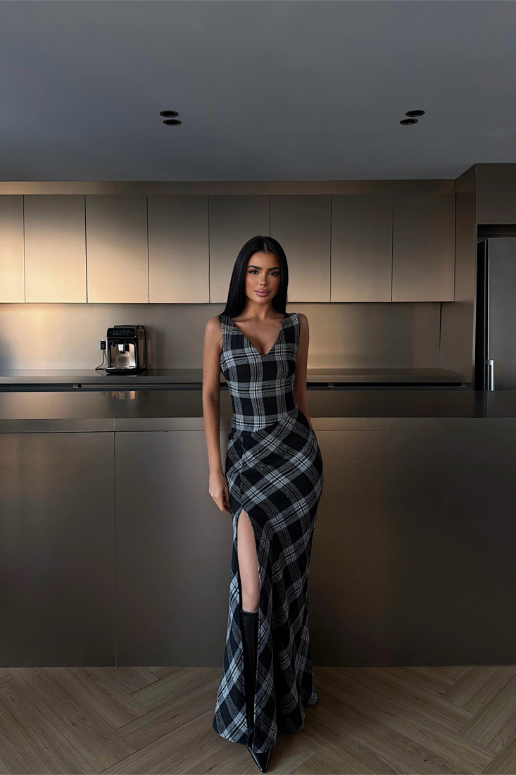 Briar Yırtmaçlı Ekose Uzun Elbise ATE-4231 - EYYO