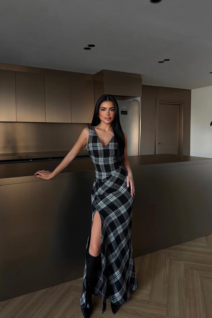 Siyah Briar Yırtmaçlı Ekose Uzun Elbise ATE-4231 - EYYO