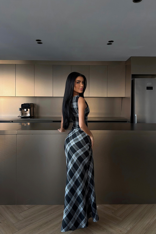 Briar Yırtmaçlı Ekose Uzun Elbise ATE-4231 - 4