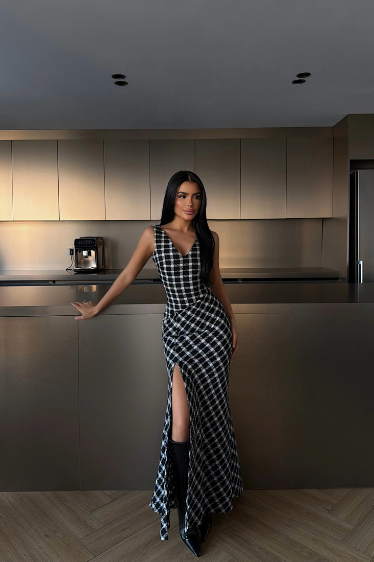 Briar Yırtmaçlı Ekose Uzun Elbise ATE-4221 - EYYO