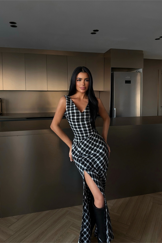 Briar Yırtmaçlı Ekose Uzun Elbise ATE-4221 - 2