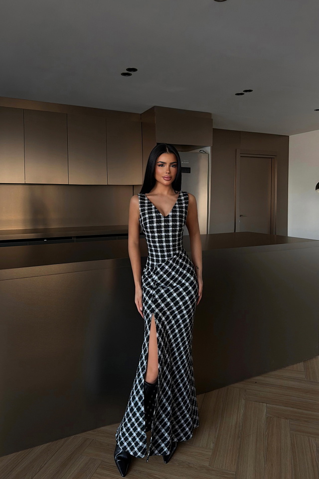 Briar Yırtmaçlı Ekose Uzun Elbise ATE-4221 - 3