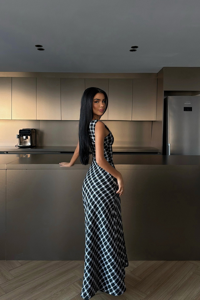 Briar Yırtmaçlı Ekose Uzun Elbise ATE-4221 - 4