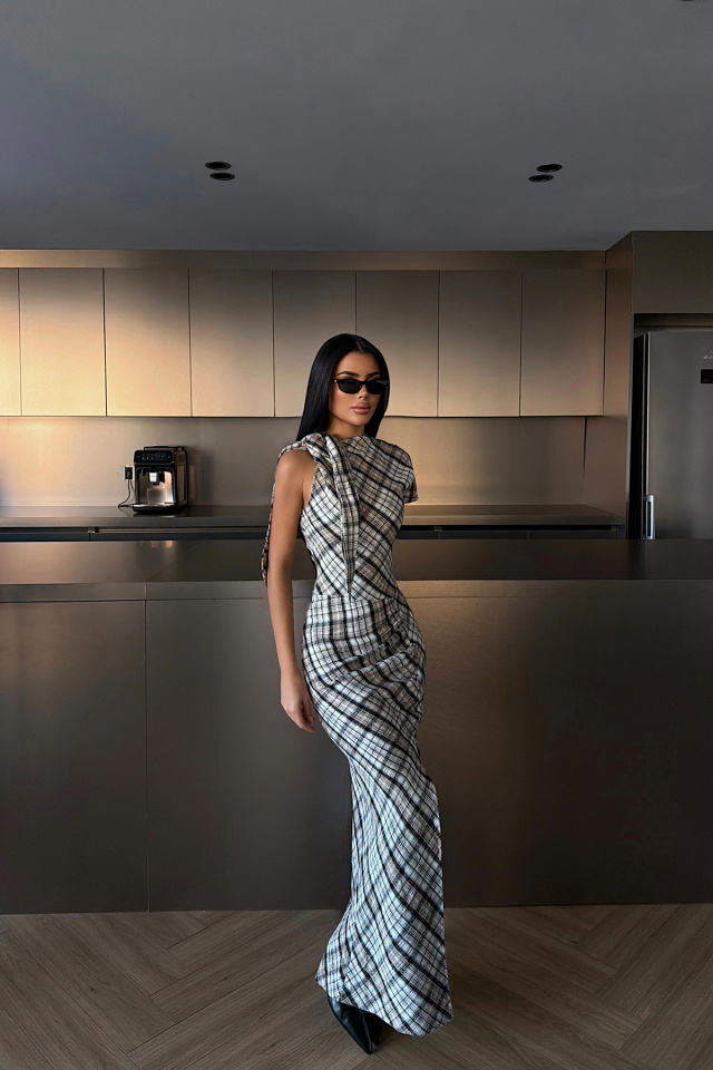 Siyah Aveline Desenli Yırtmaçlı Uzun Elbise ATE-4217 - 3