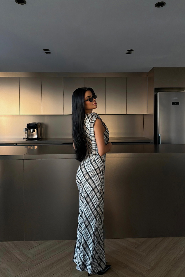 Siyah Aveline Desenli Yırtmaçlı Uzun Elbise ATE-4217 - 4