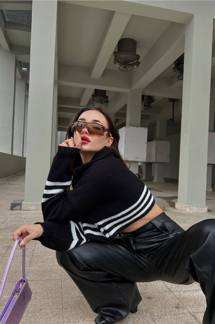 Siyah Fermuar Detay Crop Kazak ATE2851 - EYYO