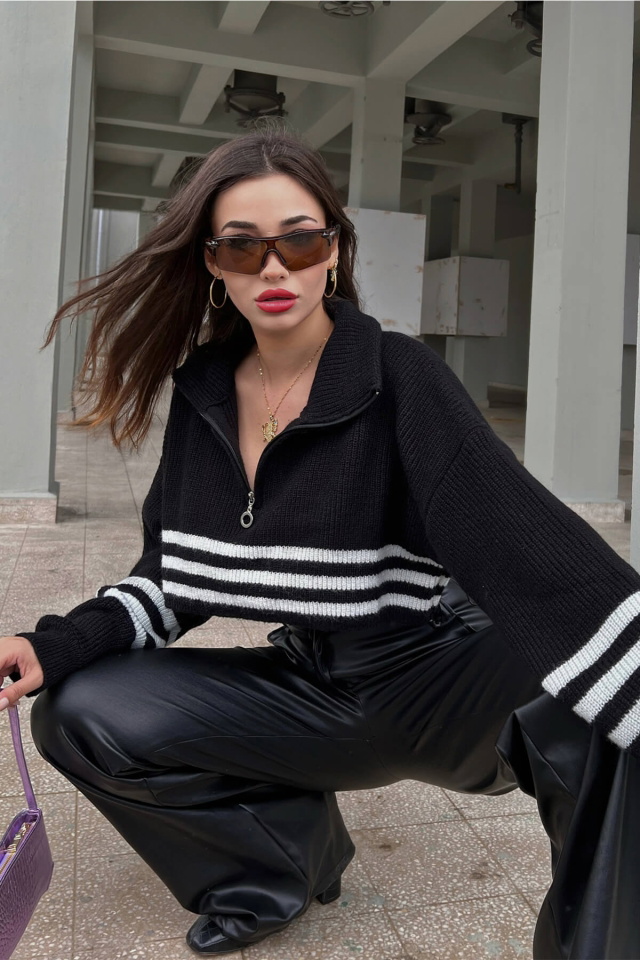 Siyah Fermuar Detay Crop Kazak ATE2851 - 1