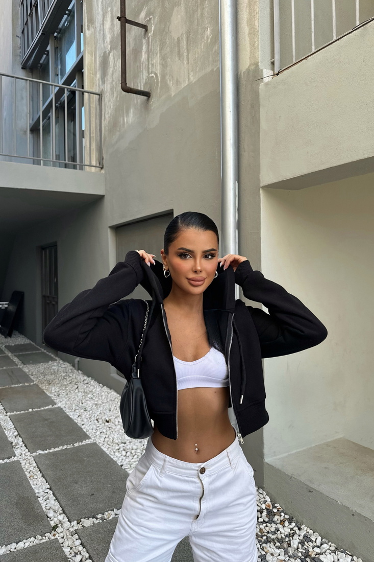 Siyah Fermuar Detay Crop Top ATE-0371 - KTN