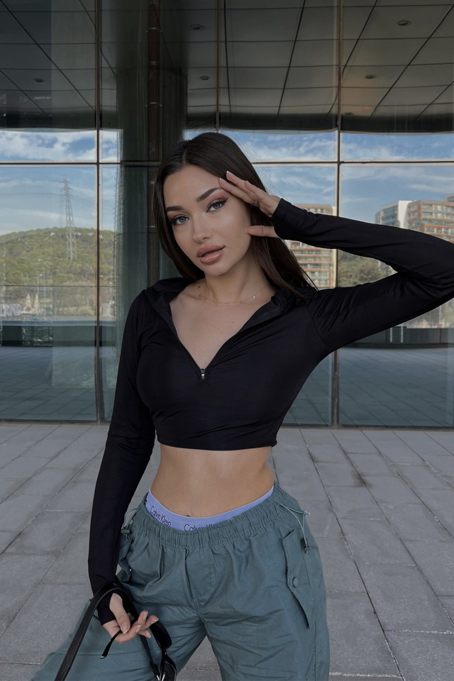 Siyah Fermuar Detay Crop Top ATE3934 - 4