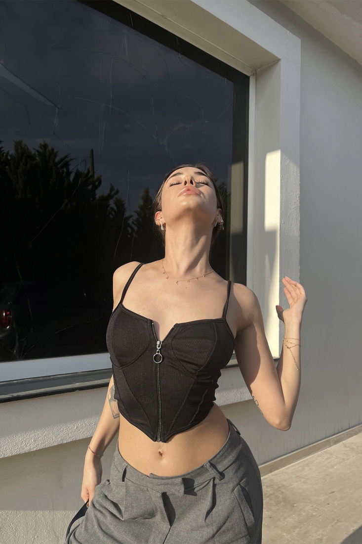 Siyah Fermuar Detay Crop Top ATE6499 - gecce
