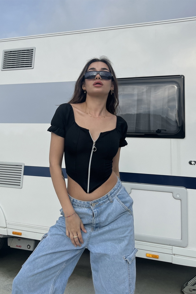 Siyah Fermuar Detay Crop Top ATE6682 - 2
