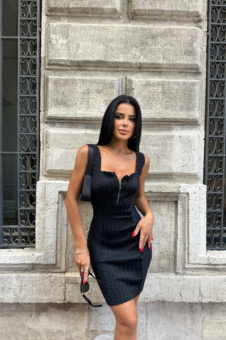 Siyah Fermuar Detay Mini Elbise ATE4129 - EYYO