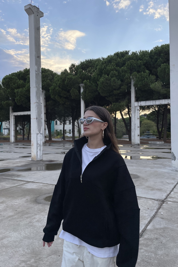 Siyah Fermuar Detay Oversize Sweat ATE-0046 - Peex