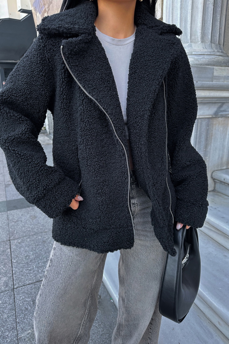 Siyah Fermuar Detay Teddy Ceket ATE-0554 - BUKLE