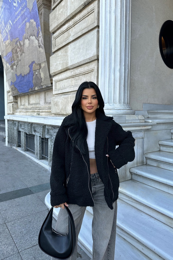 Siyah Fermuar Detay Teddy Ceket ATE-0554 - BUKLE