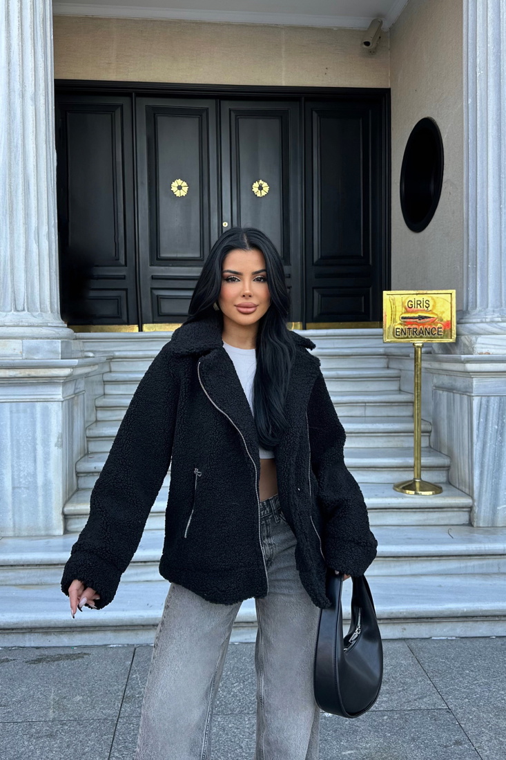 Siyah Fermuar Detay Teddy Ceket ATE-0554 - BUKLE