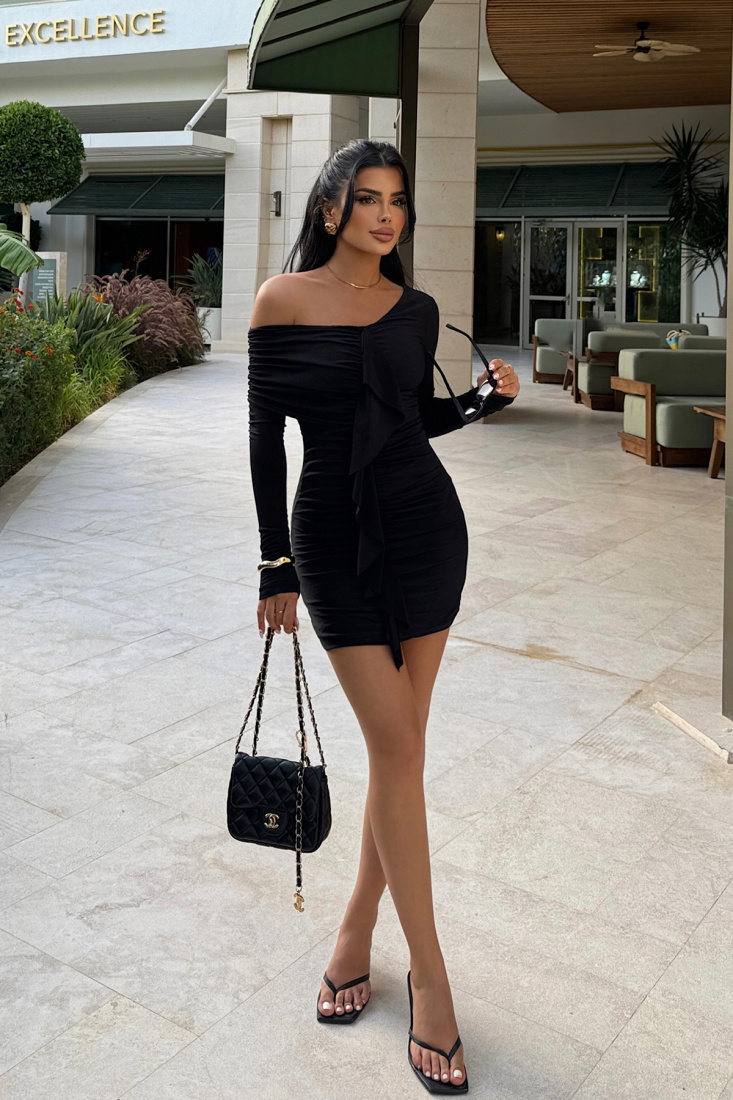 Siyah Dina Drapeli Elbise ATE-1064 - EYYO