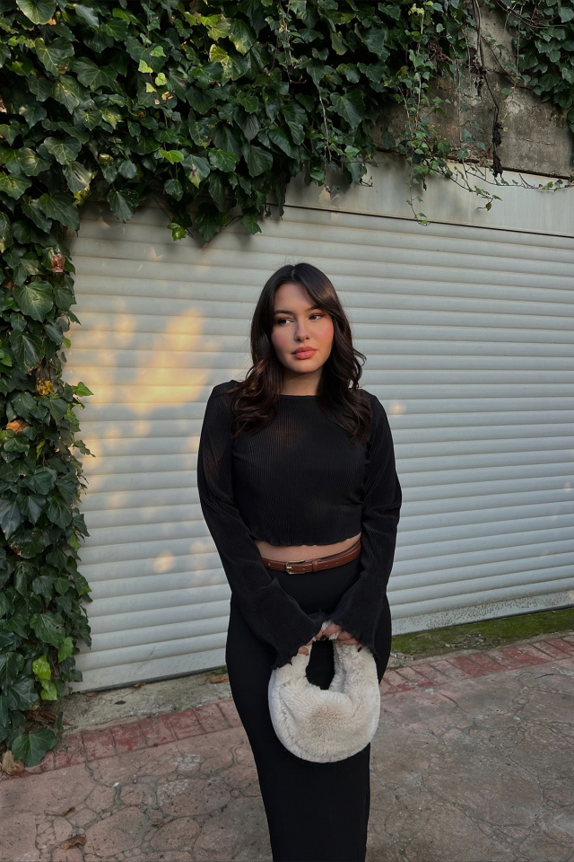 Siyah Fitilli Crop Top ATE3229 