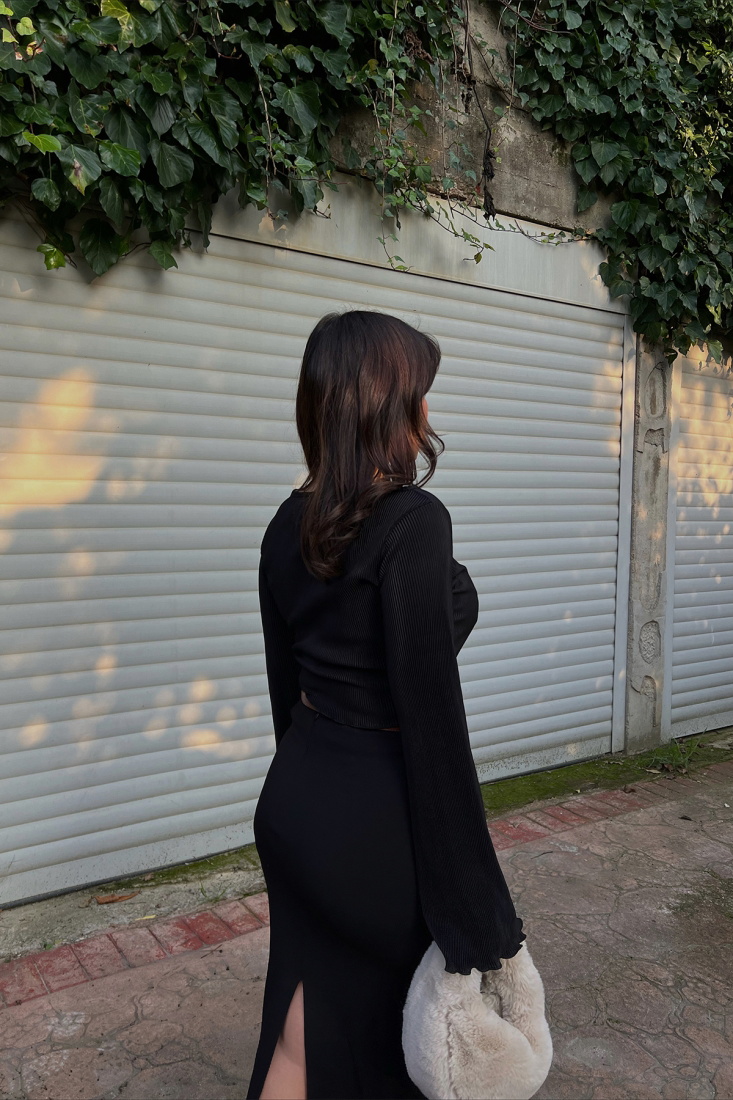 Siyah Fitilli Crop Top ATE3229 - EYYO