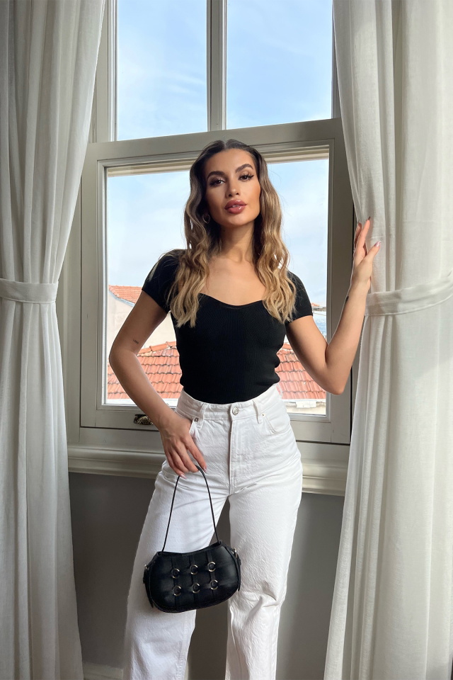 Siyah Fitilli Crop Top ATE4771 - 4