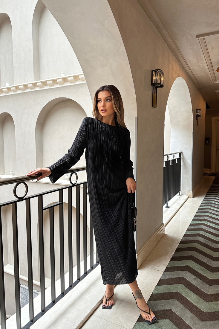 Siyah Fitilli Uzun Elbise ATE5214 - EYYO