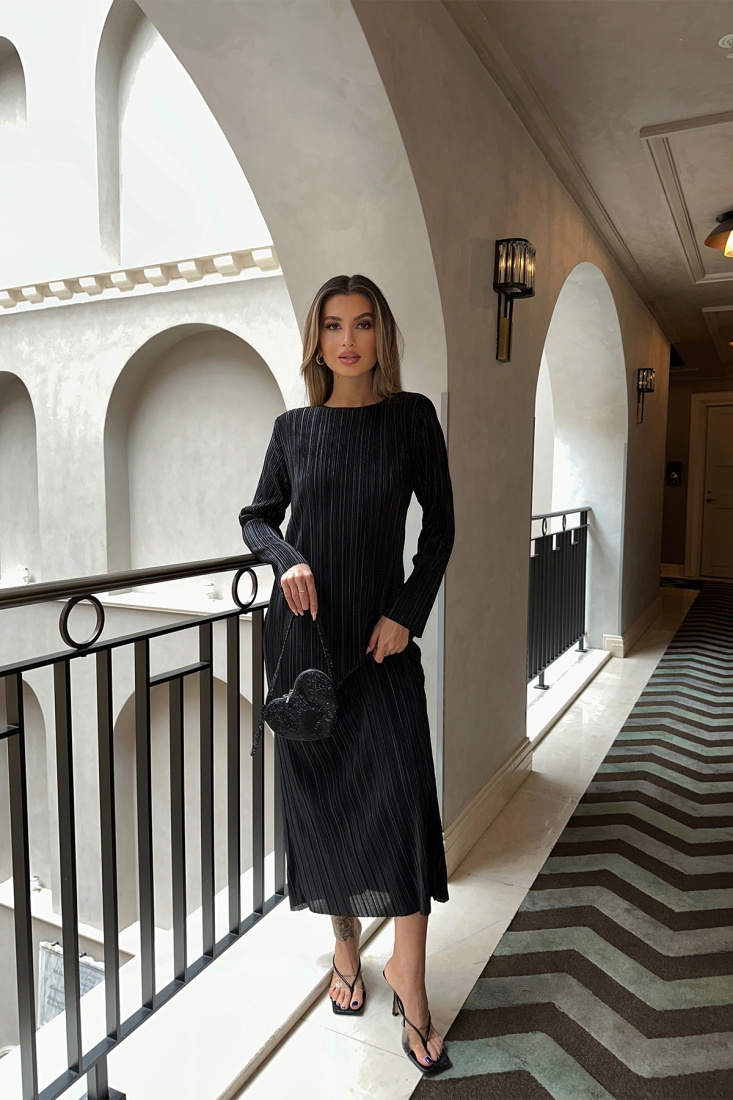 Siyah Fitilli Uzun Elbise ATE5214 - EYYO