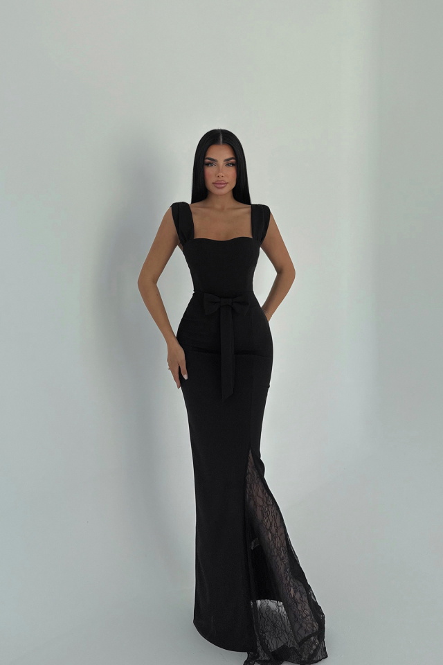 Siyah Remmy Yırtmacı Dantel Detaylı Uzun Elbise ATE-2576 - 1