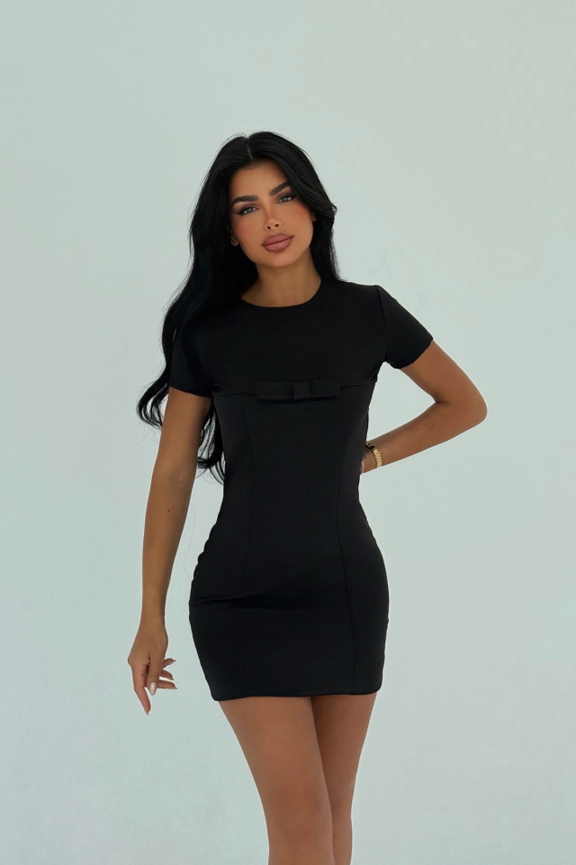 Siyah Ynise Fiyonk Detaylı Mini Elbise ATE-3015 - 2