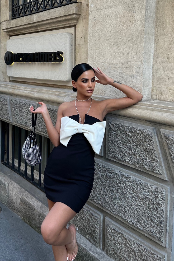 Siyah Fiyonk Detay Mini Elbise ATE7178 - EYYO