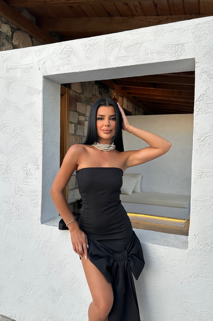 Siyah Fiyonk Detay Straplez Elbise Ate7943 - EYYO