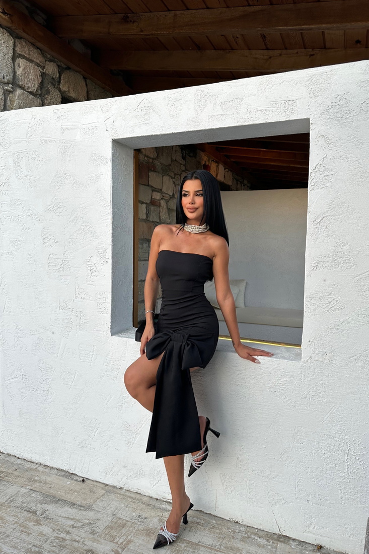 Siyah Fiyonk Detay Straplez Elbise Ate7943 - EYYO