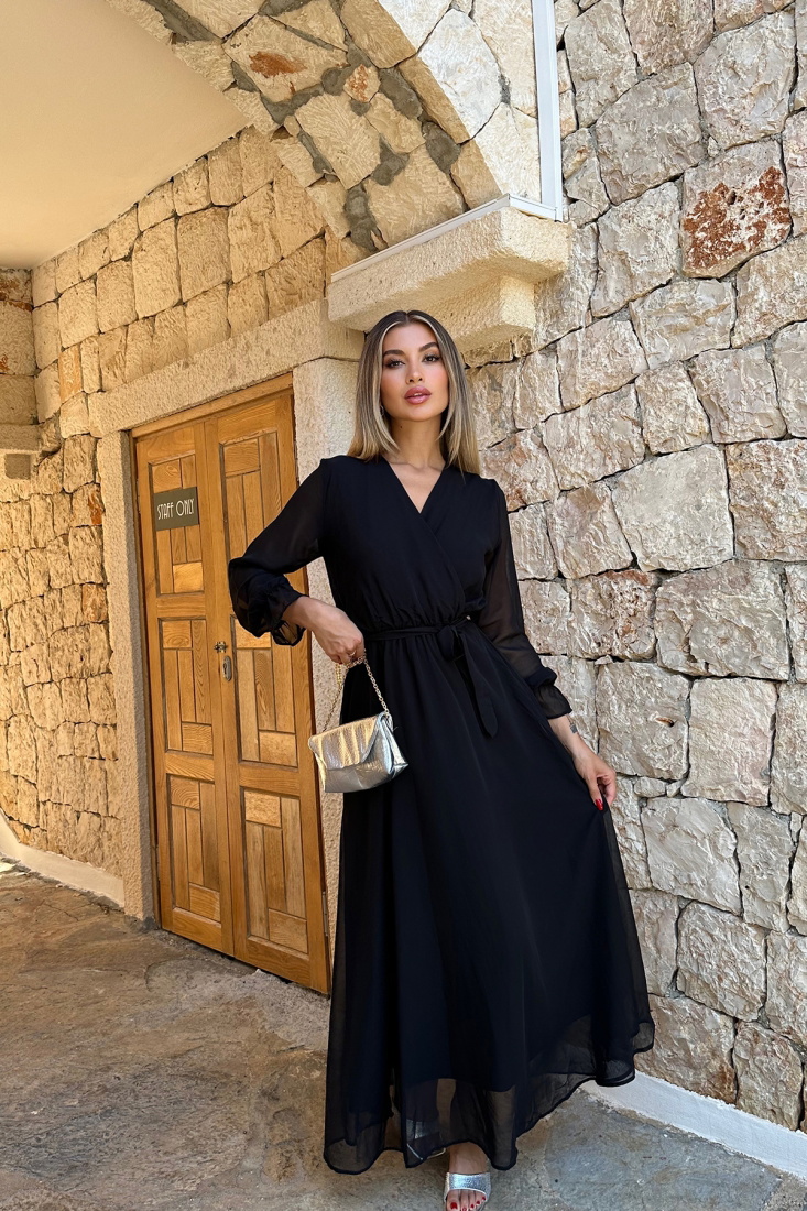 Siyah Bağlamalı Uzun Elbise ATE7812 - EYYO