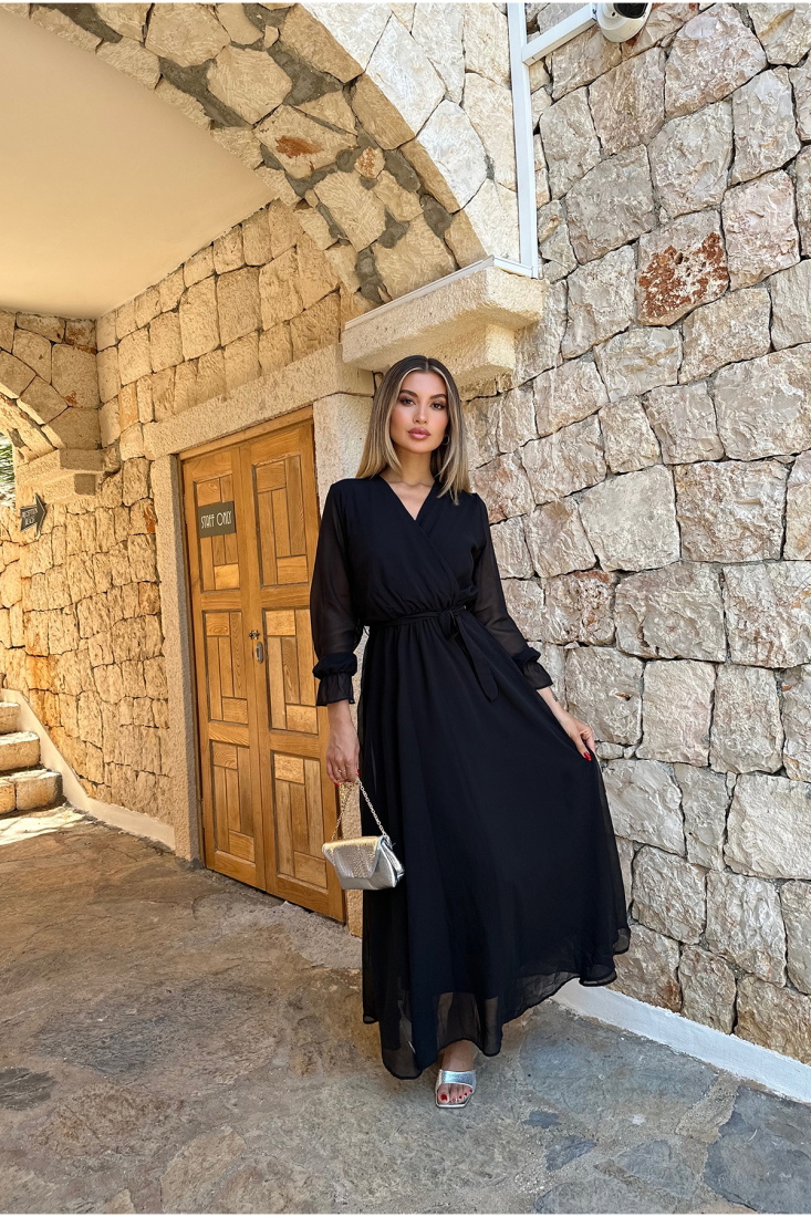 Siyah Bağlamalı Uzun Elbise ATE7812 - EYYO