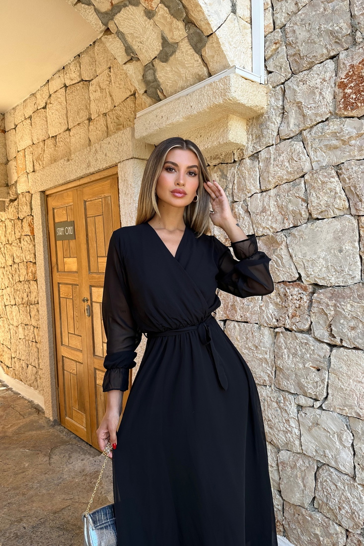 Siyah Bağlamalı Uzun Elbise ATE7812 - EYYO
