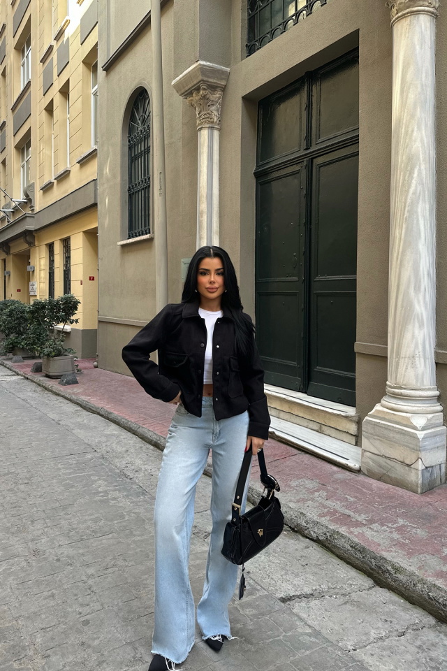 Siyah Gömlek Yaka Cep Detay Ceket ATE-0786 - 4