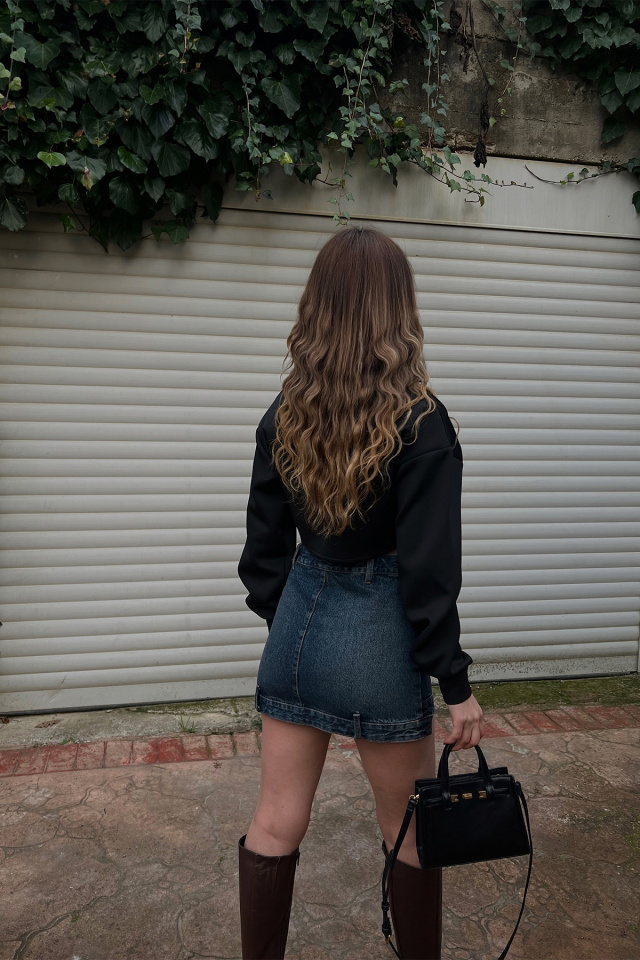 Siyah Gömlek Yaka Crop Top ATE3420 - 4