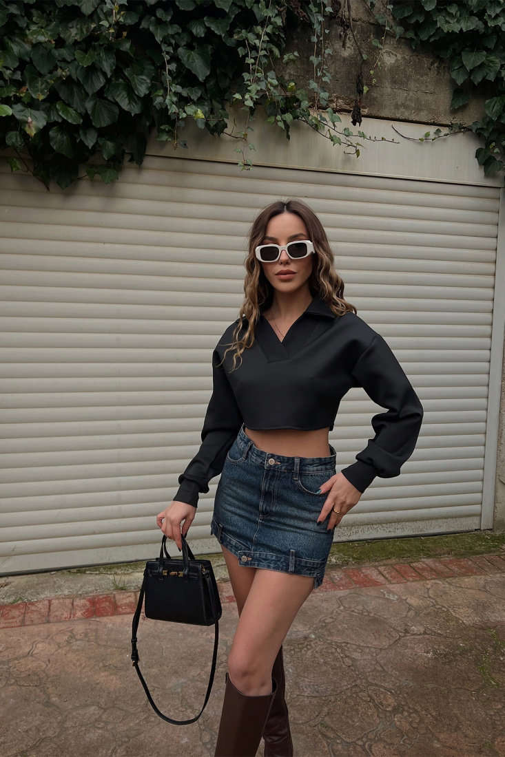 Siyah Gömlek Yaka Crop Top ATE3420 - EYYO ATELIER