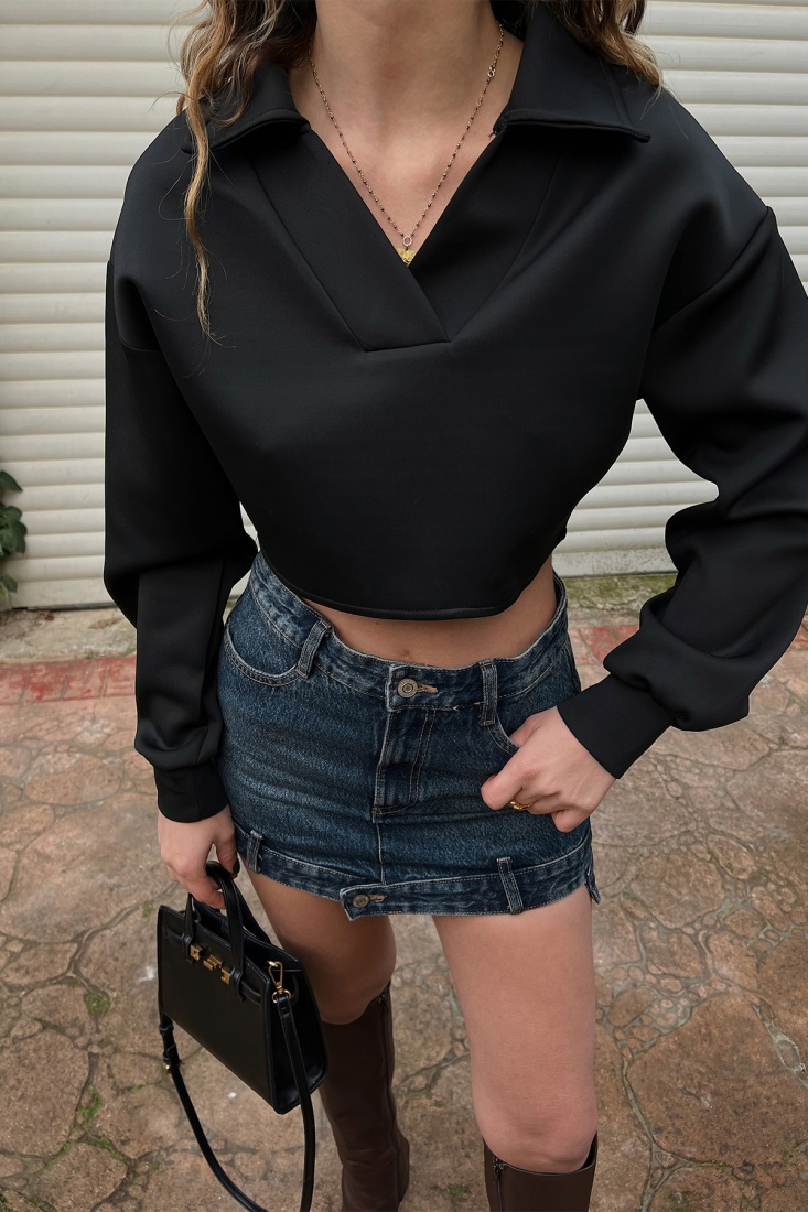 Siyah Gömlek Yaka Crop Top ATE3420 - EYYO ATELIER