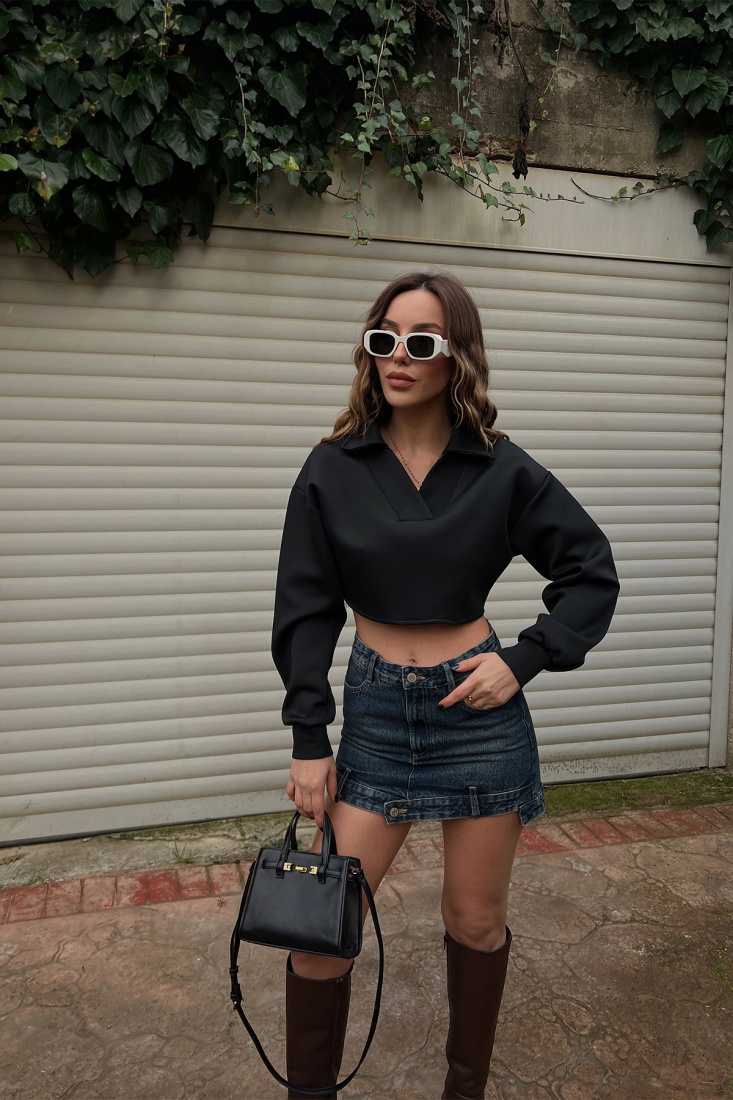 Siyah Gömlek Yaka Crop Top ATE3420 - EYYO ATELIER