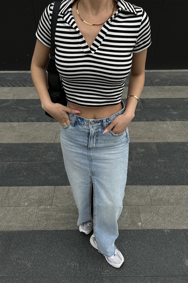Siyah Gömlek Yaka Crop Top ATE4961 - 2