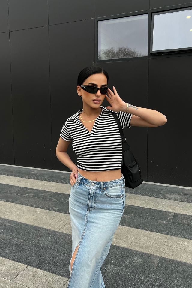 Siyah Gömlek Yaka Crop Top ATE4961 - 1
