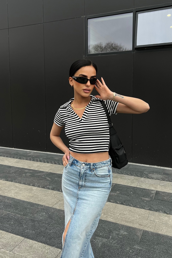 Siyah Gömlek Yaka Crop Top ATE4961 - DONT FASHİON