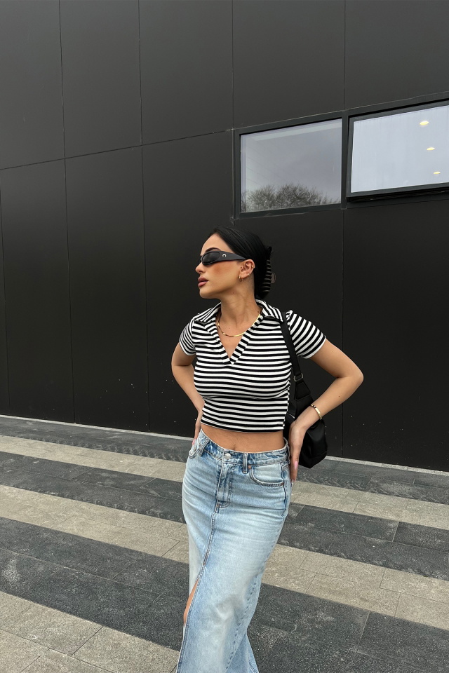 Siyah Gömlek Yaka Crop Top ATE4961 - 3
